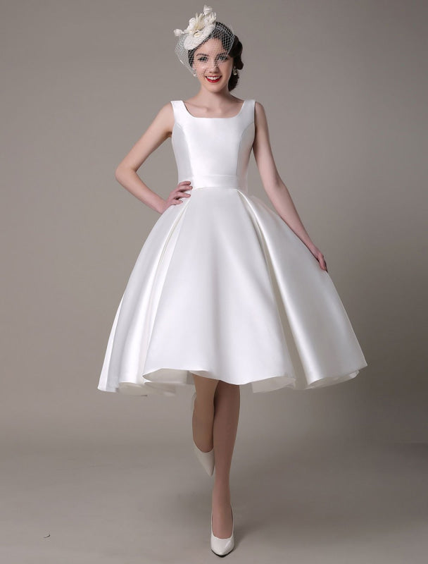 Knee Length Ivory Wedding Dress Vintage Scoop Neck Backless Satin Dress