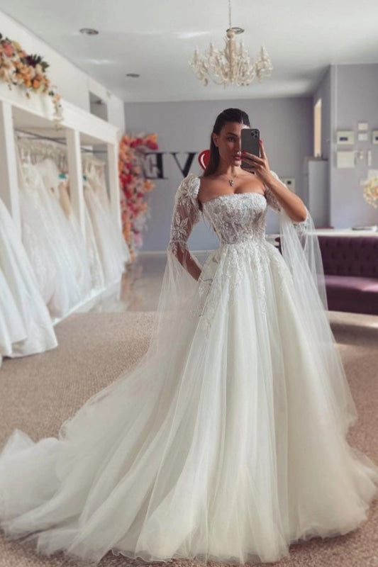 Lace Aline Wedding Dress Glitter Tulle Bridal Gown with Sleeves