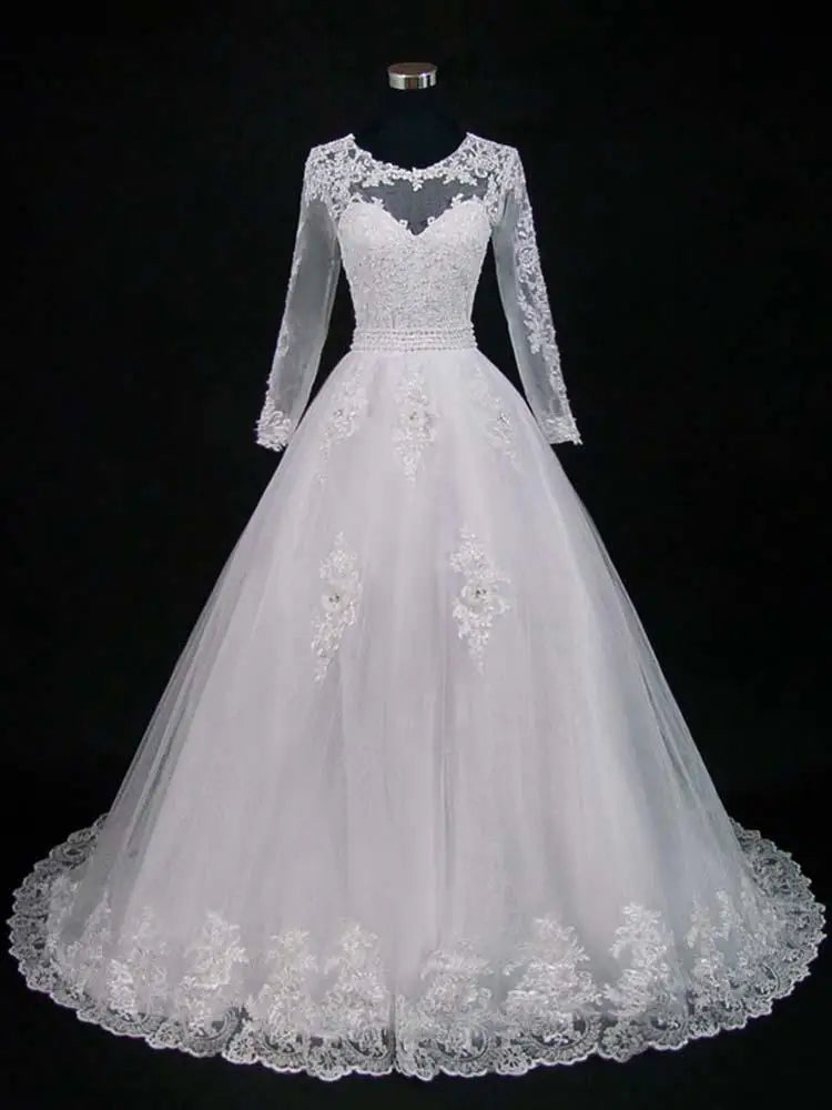 Lace Appliques Pearls Long Sleeves Wedding Dresses