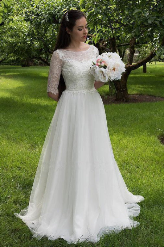 Lace Bodice Dress with Half Sleeves A Line Tulle Wedding Dresss