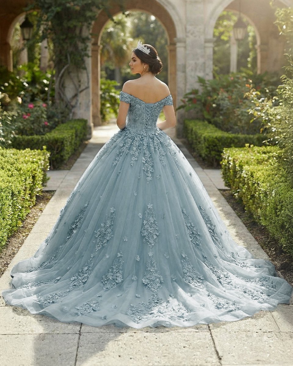 Acacia | Lace Dusty Blue Off the Shoulder Ball Gown Quinceanera Dresses
