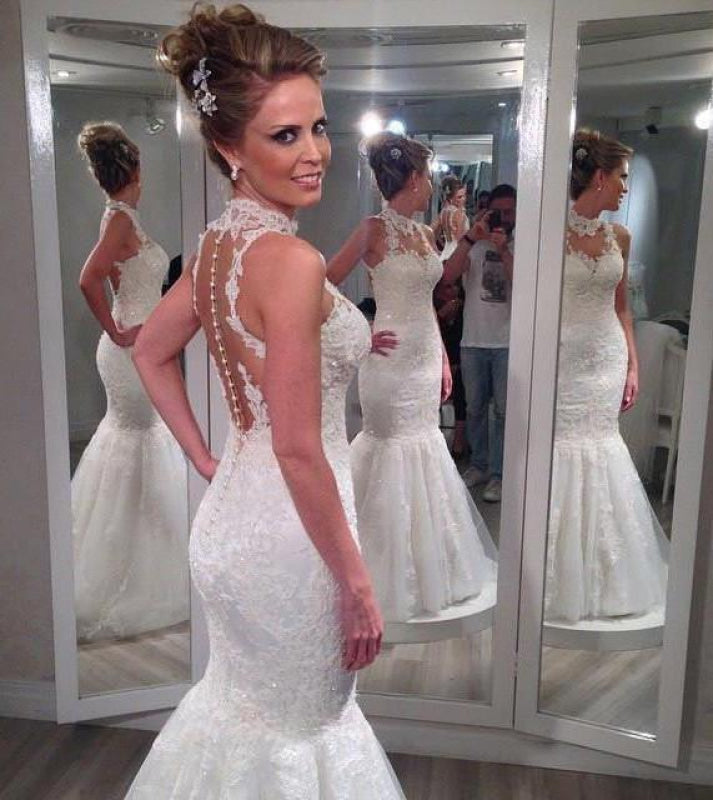 Lace High Neck Mermaid Backless Custom Beach Wedding Dress