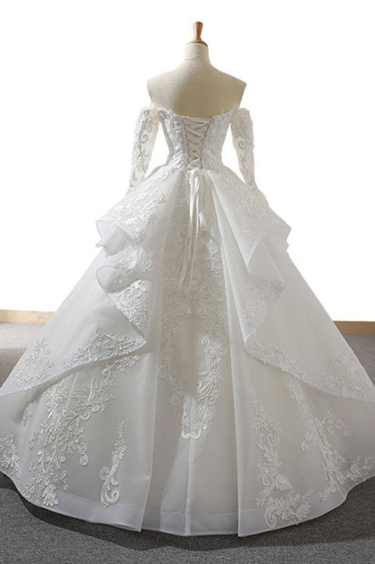 Lace-up Off Shoulder Long Sleeve Tulle Wedding Dress