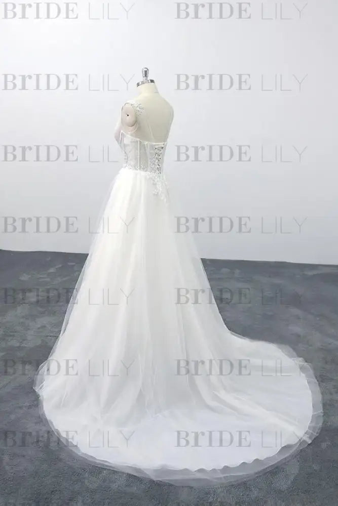 Lace-up V-neck Appliques Tulle A-line Wedding Dress