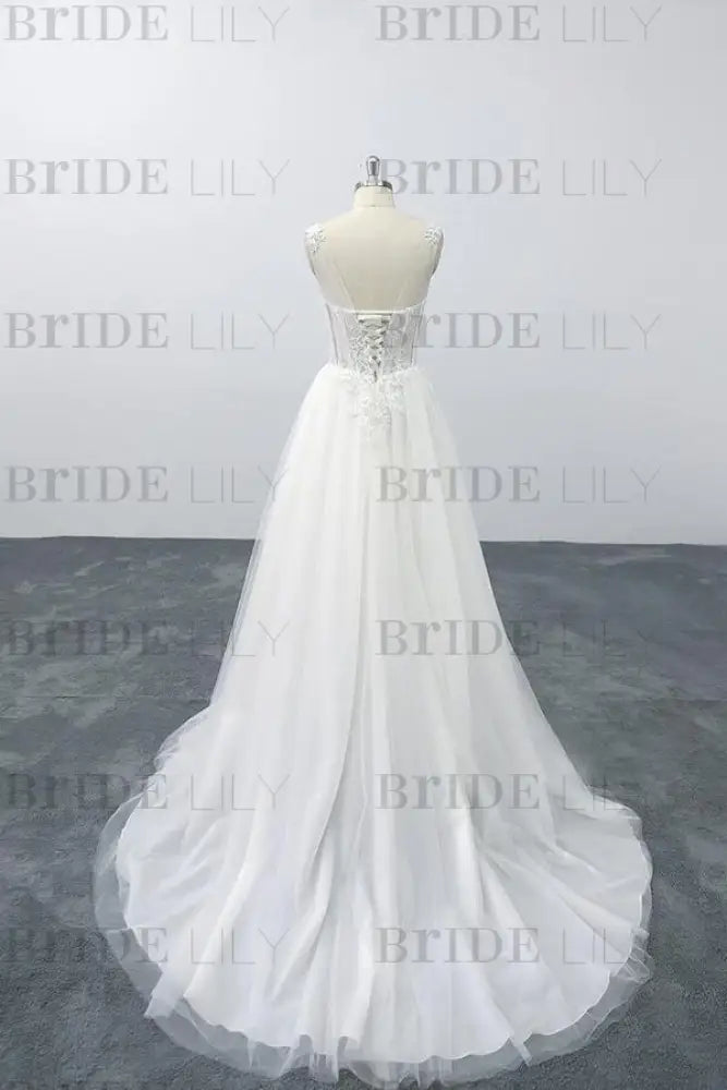 Lace-up V-neck Appliques Tulle A-line Wedding Dress