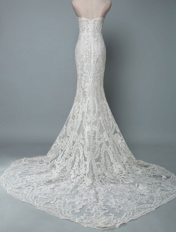 Lace Wedding Dress Mermaid Sweetheart Strapless Sleeveless Floor Length With Train Bridal Dresses