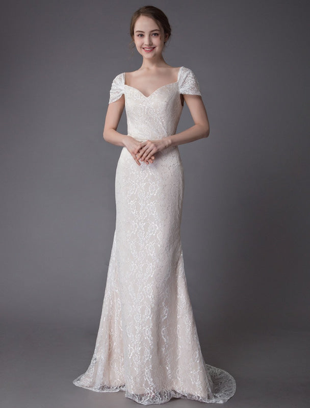 Lace Wedding Dress Vanilla Cream Sweetheart Short Sleeve Bridal Dress Mermaid Bridal Gown With Train