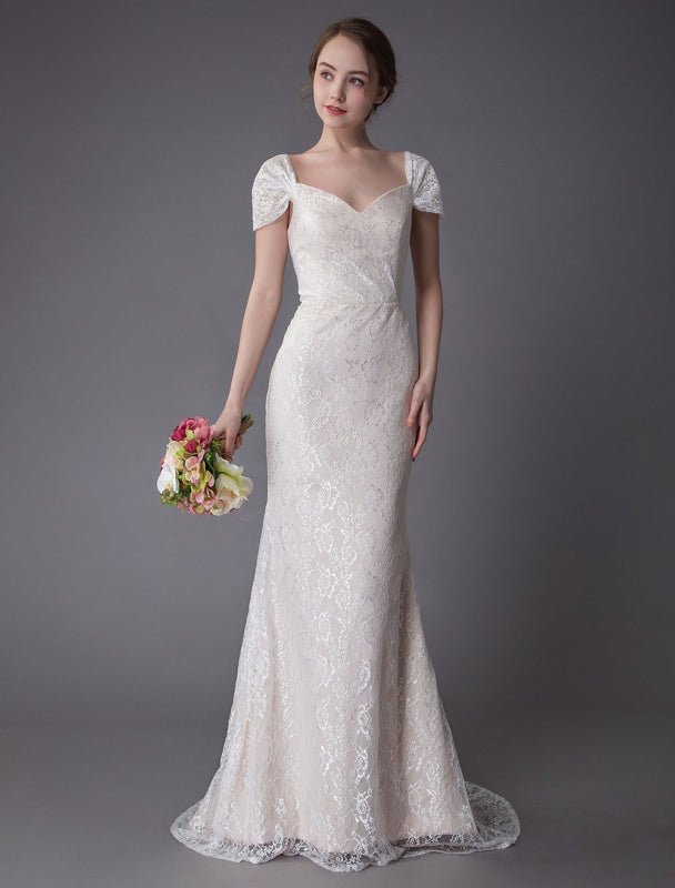 Lace Wedding Dress Vanilla Cream Sweetheart Short Sleeve Bridal Dress Mermaid Bridal Gown With Train