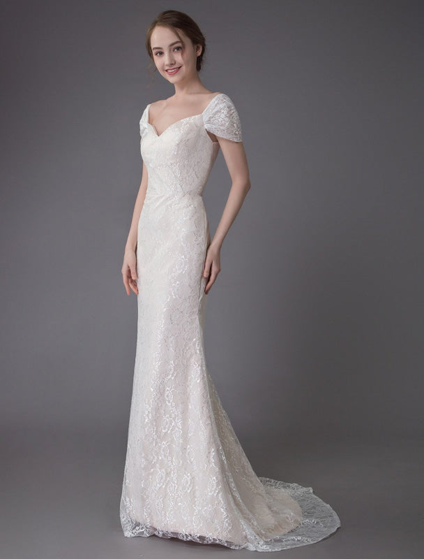Lace Wedding Dress Vanilla Cream Sweetheart Short Sleeve Bridal Dress Mermaid Bridal Gown With Train