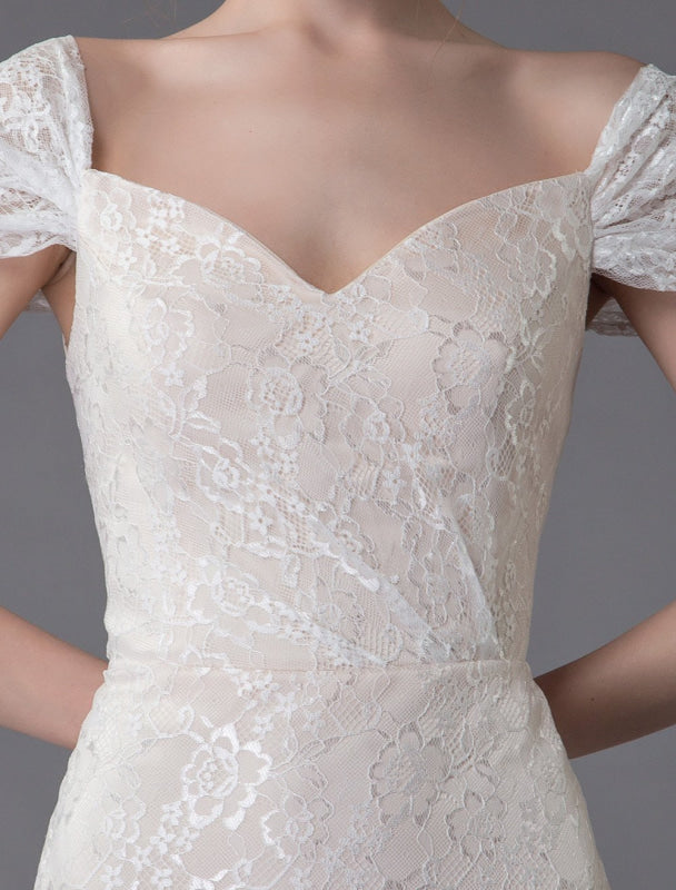 Lace Wedding Dress Vanilla Cream Sweetheart Short Sleeve Bridal Dress Mermaid Bridal Gown With Train