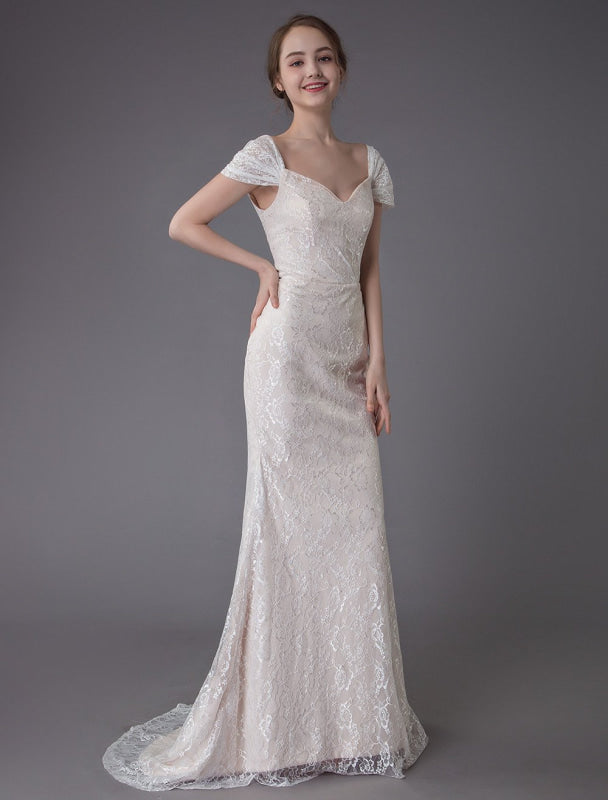 Lace Wedding Dress Vanilla Cream Sweetheart Short Sleeve Bridal Dress Mermaid Bridal Gown With Train