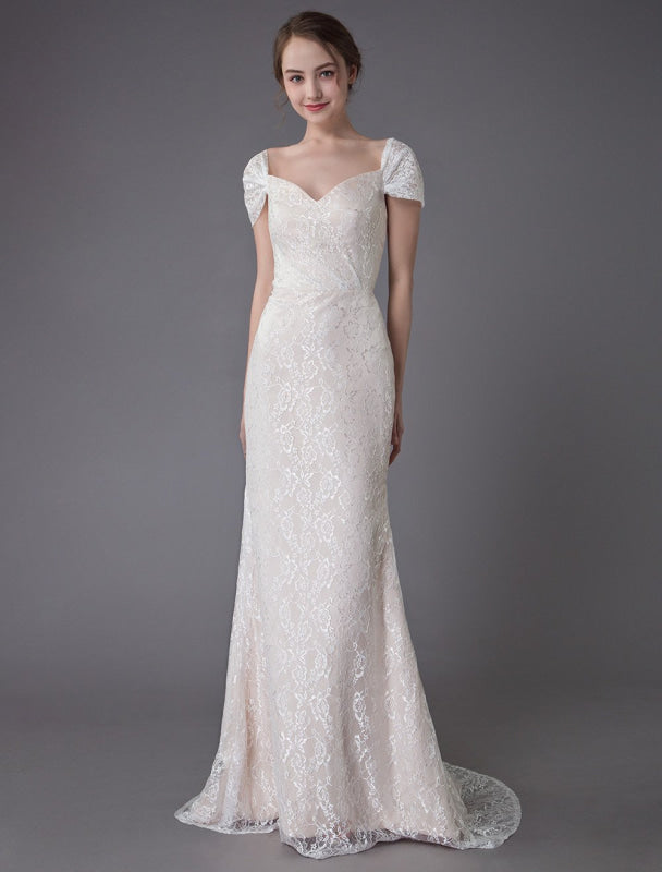 Lace Wedding Dress Vanilla Cream Sweetheart Short Sleeve Bridal Dress Mermaid Bridal Gown With Train