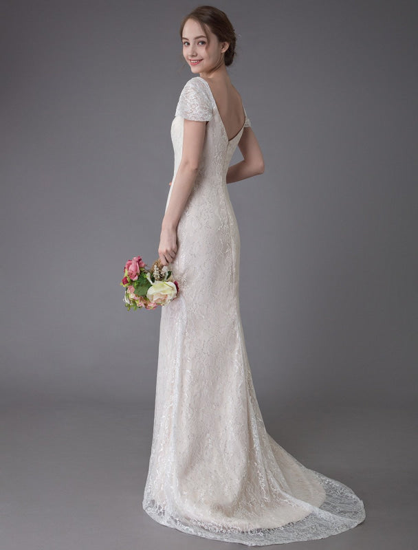 Lace Wedding Dress Vanilla Cream Sweetheart Short Sleeve Bridal Dress Mermaid Bridal Gown With Train