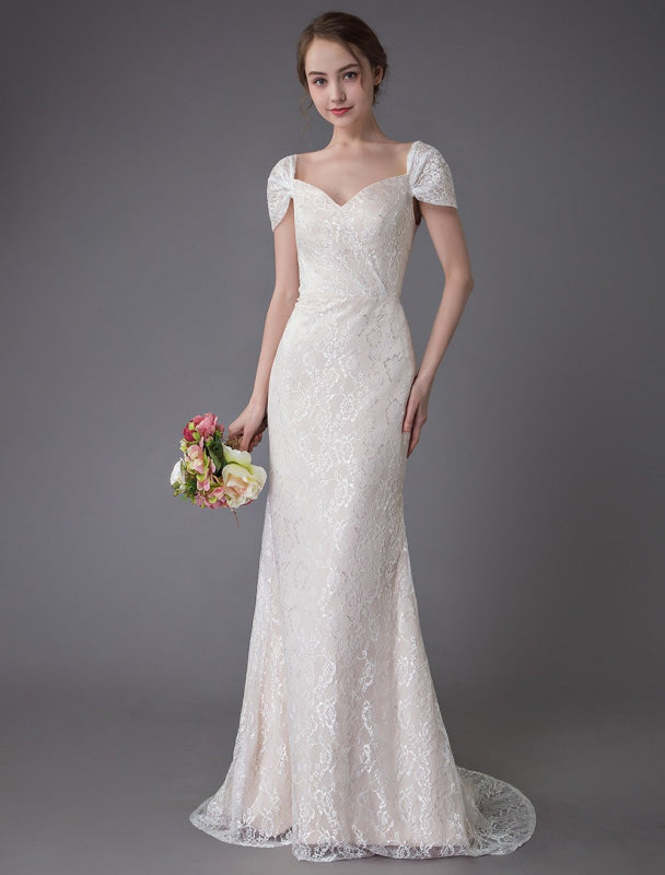 Lace Wedding Dress Vanilla Cream Sweetheart Short Sleeve Bridal Dress Mermaid Bridal Gown With Train