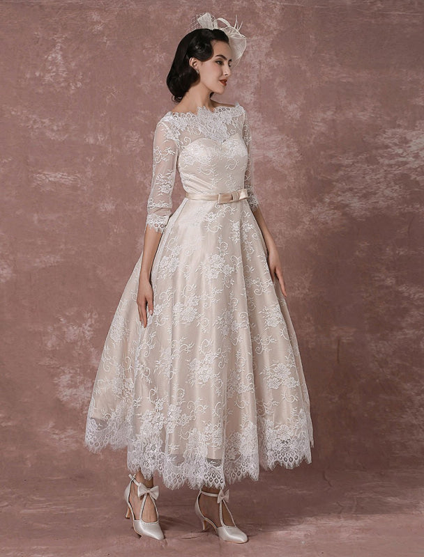 Vintage Champagne Lace Wedding Dress - Bateau Neck Half Sleeve Tea Length Bridal Gown