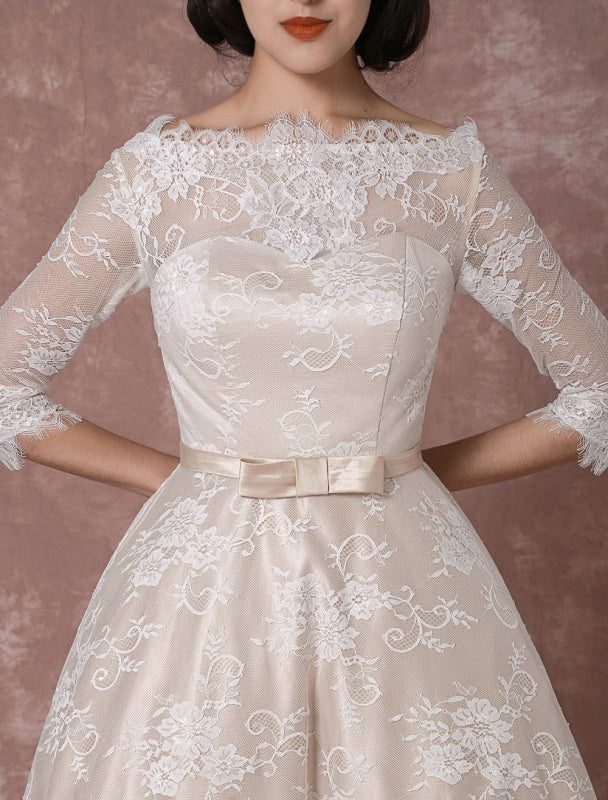 Vintage Champagne Lace Wedding Dress - Bateau Neck Half Sleeve Tea Length Bridal Gown