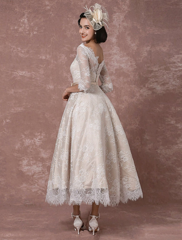 Vintage Champagne Lace Wedding Dress - Bateau Neck Half Sleeve Tea Length Bridal Gown