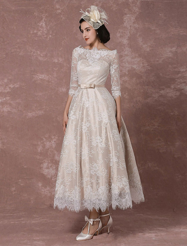 Vintage Champagne Lace Wedding Dress - Bateau Neck Half Sleeve Tea Length Bridal Gown