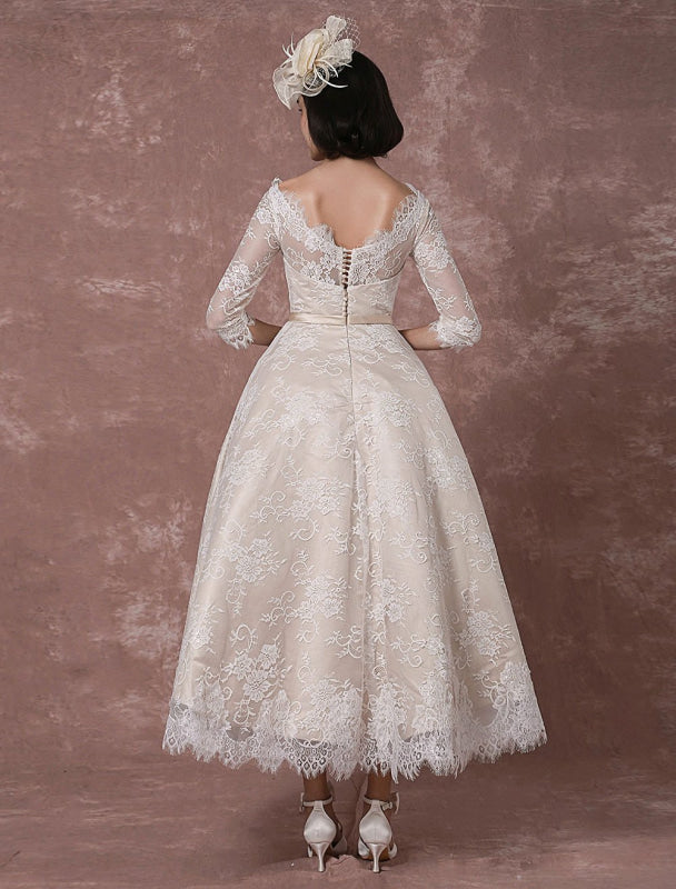 Vintage Champagne Lace Wedding Dress - Bateau Neck Half Sleeve Tea Length Bridal Gown