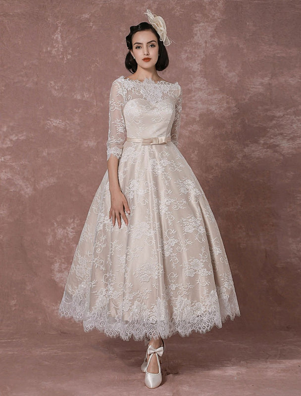 Vintage Champagne Lace Wedding Dress - Bateau Neck Half Sleeve Tea Length Bridal Gown