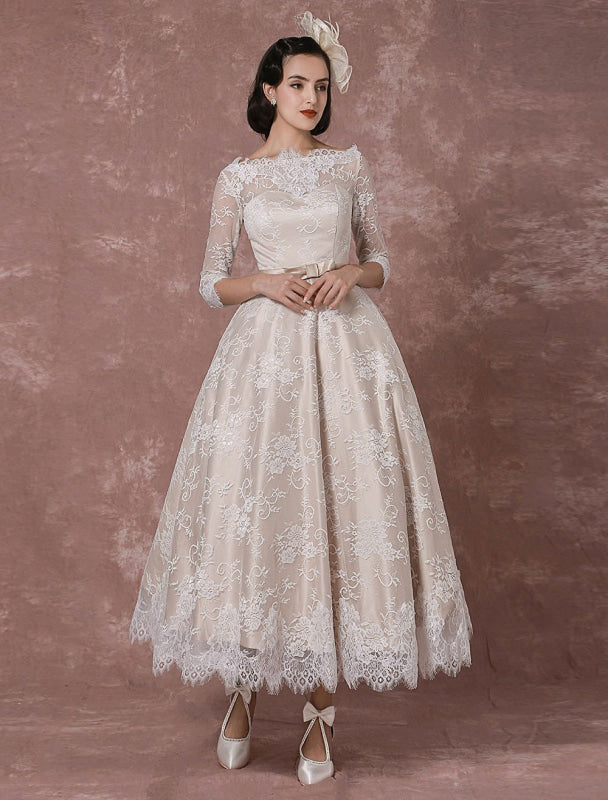 Vintage Champagne Lace Wedding Dress - Bateau Neck Half Sleeve Tea Length Bridal Gown