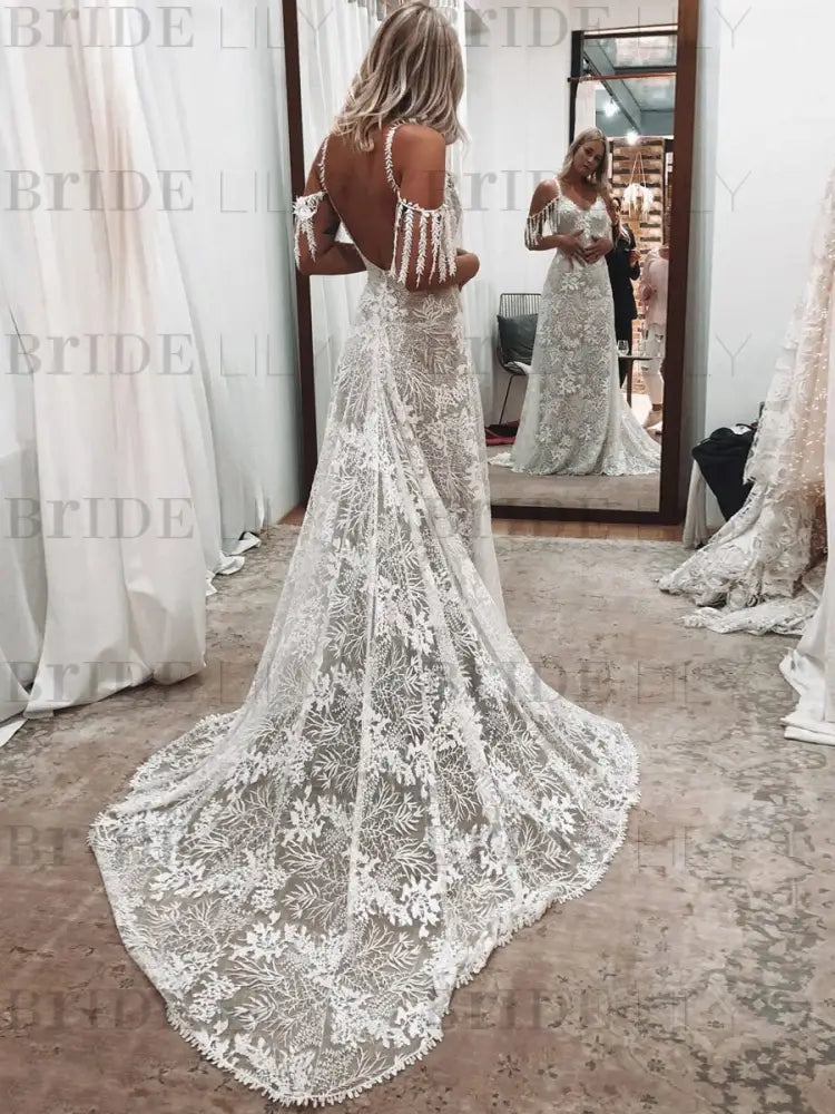 Lace Wedding Dress With Train Ivory A-Line Sleeveless V-Neck Backless Bridal Gowns