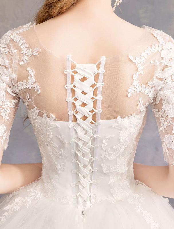 Lace Wedding Dresses Ivory Illusion Half Sleeve Floor Length Princess Wedding Dress