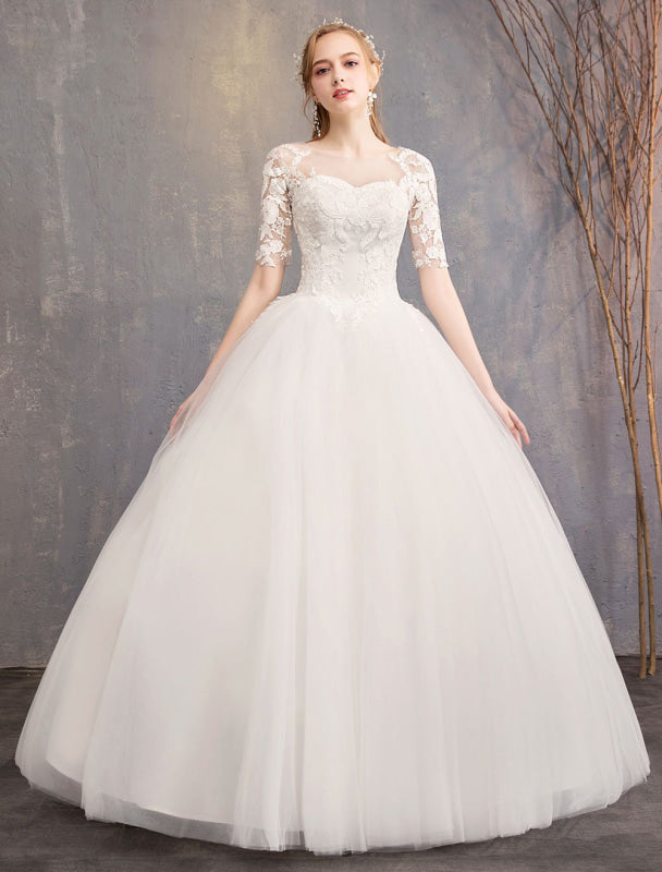 Lace Wedding Dresses Ivory Illusion Half Sleeve Floor Length Princess Wedding Dress