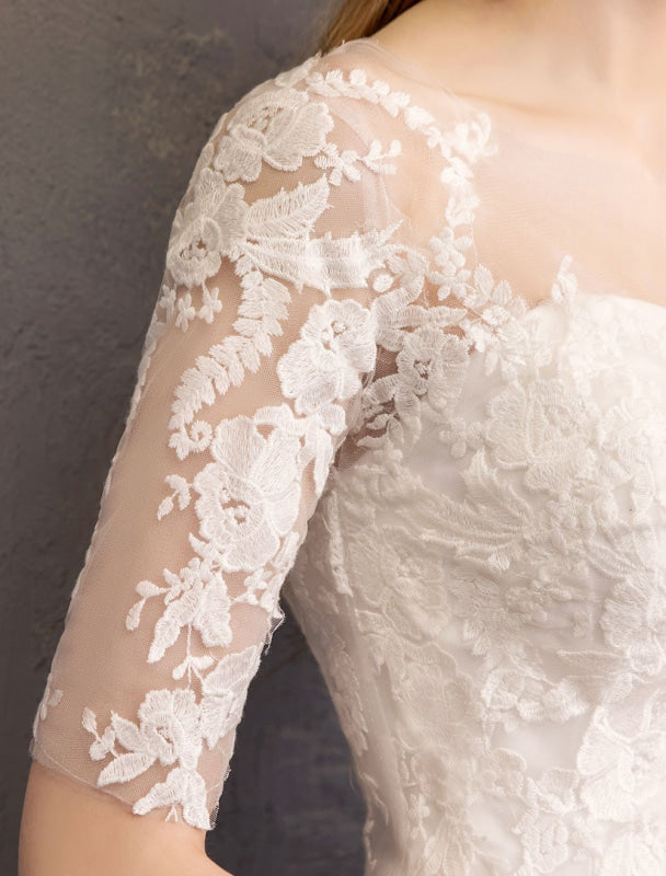 Lace Wedding Dresses Ivory Illusion Half Sleeve Floor Length Princess Wedding Dress
