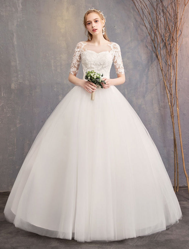 Lace Wedding Dresses Ivory Illusion Half Sleeve Floor Length Princess Wedding Dress