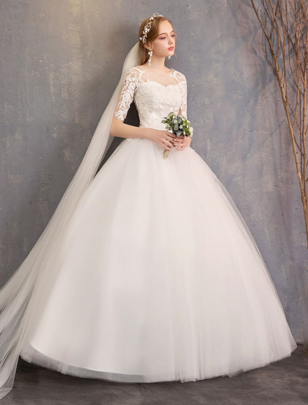 Lace Wedding Dresses Ivory Illusion Half Sleeve Floor Length Princess Wedding Dress