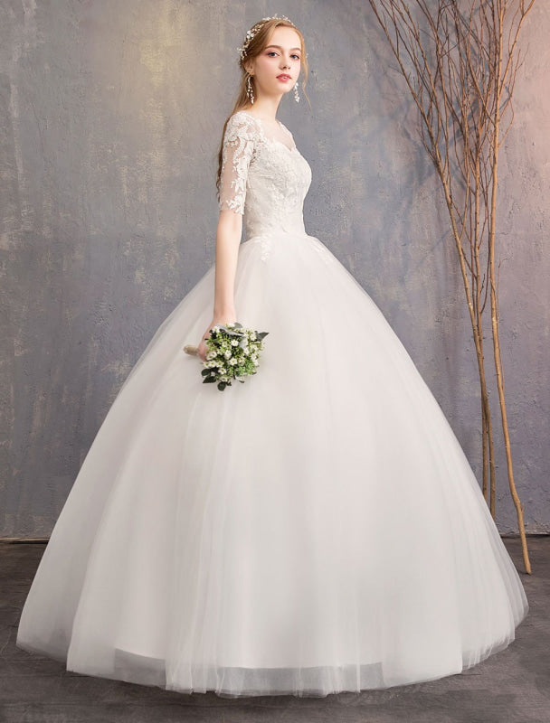 Lace Wedding Dresses Ivory Illusion Half Sleeve Floor Length Princess Wedding Dress