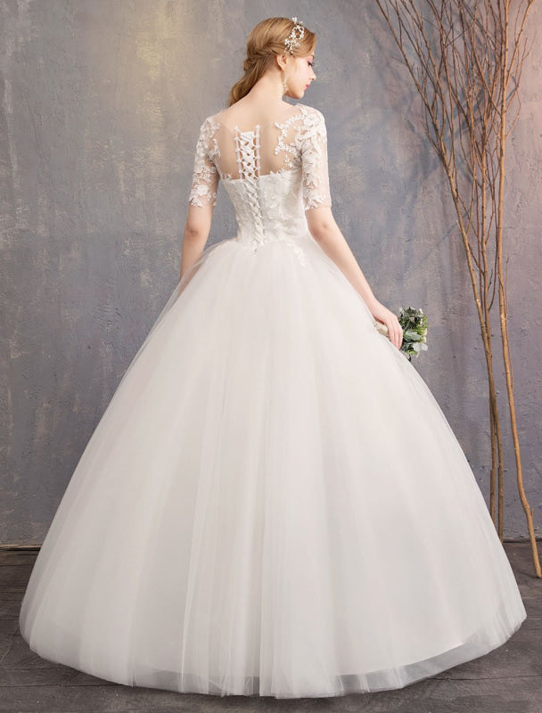 Lace Wedding Dresses Ivory Illusion Half Sleeve Floor Length Princess Wedding Dress