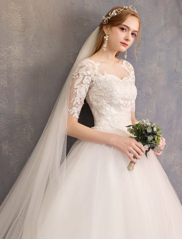 Lace Wedding Dresses Ivory Illusion Half Sleeve Floor Length Princess Wedding Dress