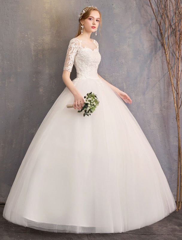 Lace Wedding Dresses Ivory Illusion Half Sleeve Floor Length Princess Wedding Dress