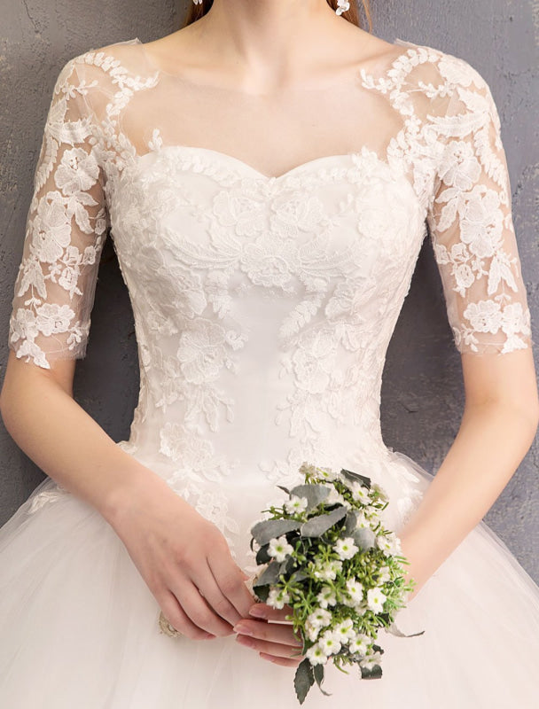 Lace Wedding Dresses Ivory Illusion Half Sleeve Floor Length Princess Wedding Dress