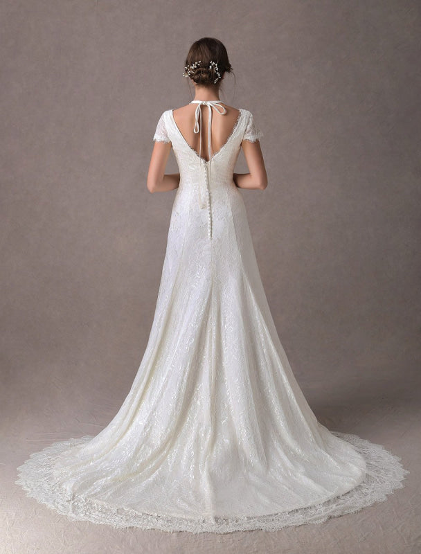 Lace Wedding Dresses Ivory V Neck Short Sleeve A Line Straps Bridal Gowns With Train