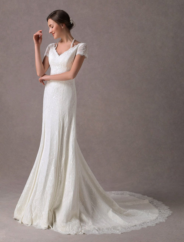 Lace Wedding Dresses Ivory V Neck Short Sleeve A Line Straps Bridal Gowns With Train