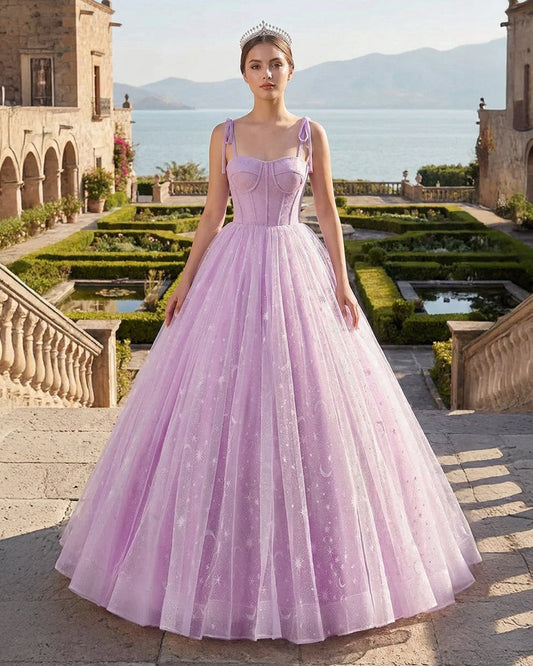 Lilac A-Line Spaghetti Straps Tulle Long Quinceanera Dresses