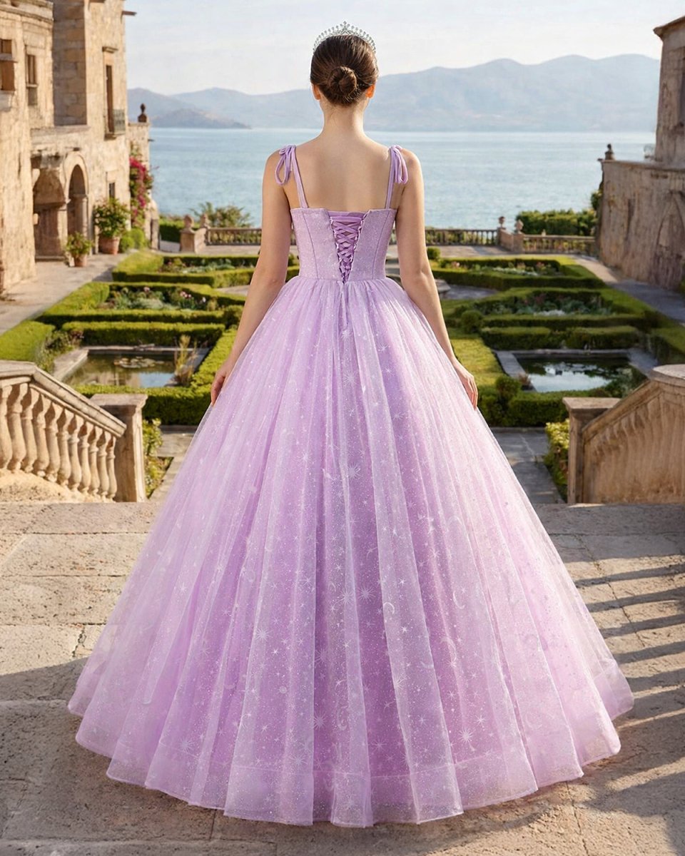 Lilac A-Line Spaghetti Straps Tulle Long Quinceanera Dresses