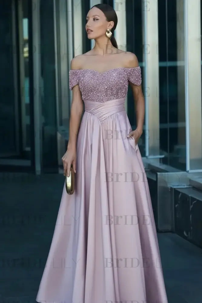 Off-the-Shoulder Dark Green Satin Aline Formal Dress with Beadings