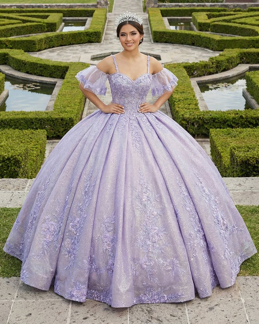 Lavender Off-the-Shoulder Straps Appliqued Quinceanera Dresses