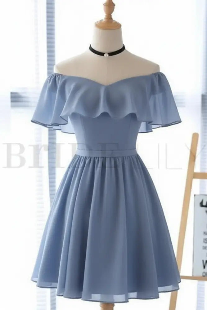 Light Blue Off the Shoulder Chiffon Homecoming Dress Cute Short Graduation Dress