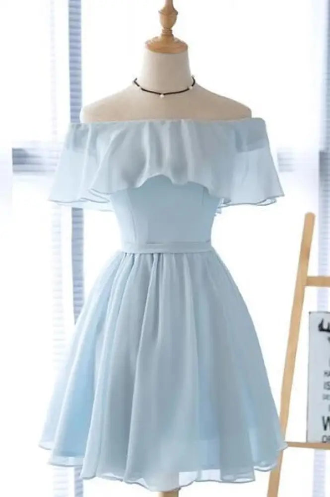 Light Blue Off the Shoulder Chiffon Homecoming Dress Cute Short Graduation Dress