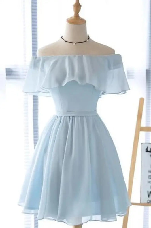 Light Blue Off the Shoulder Chiffon Homecoming Dress Cute Short Graduation Dress