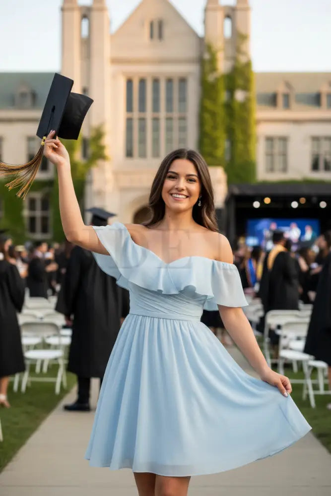 Light Blue Off the Shoulder Chiffon Homecoming Dress Cute Short Graduation Dress