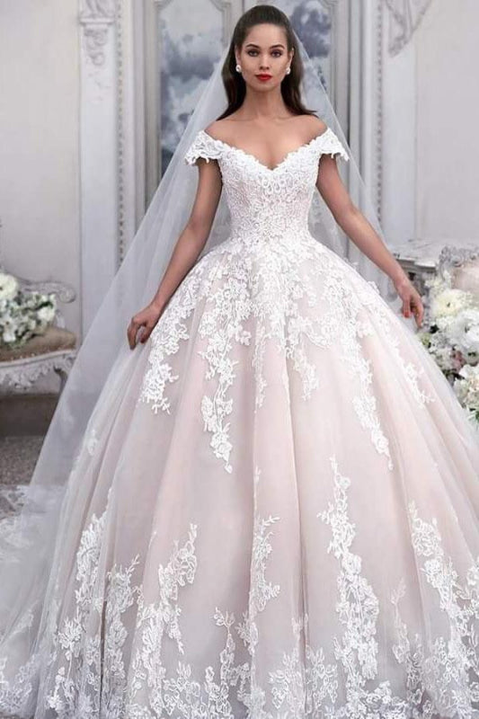 Light Pink Off the Shoulder Ball Gown Tulle Appliques Aline Wedding Dress