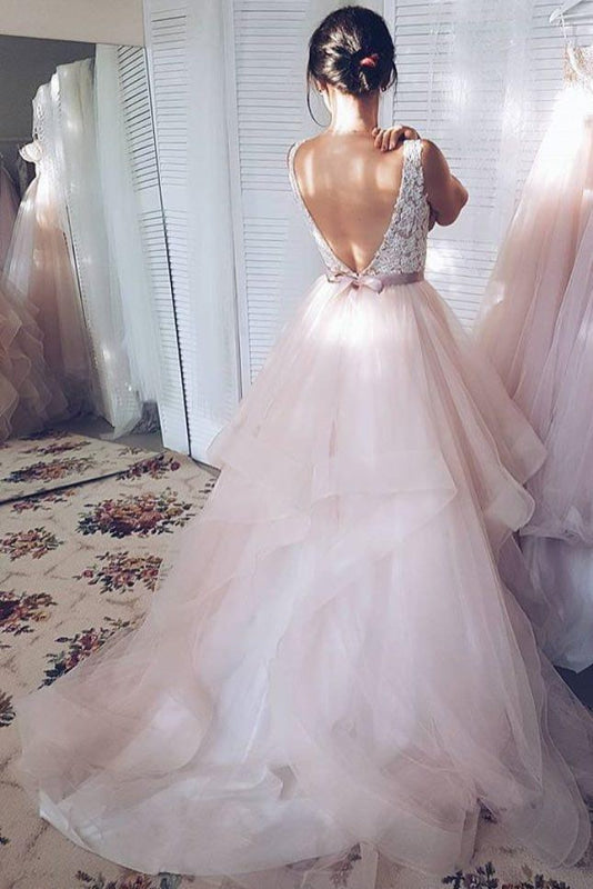 Light Pink V-neck Sleeveless Lace Top Tulle Wedding Dress Aline with Sweep Train