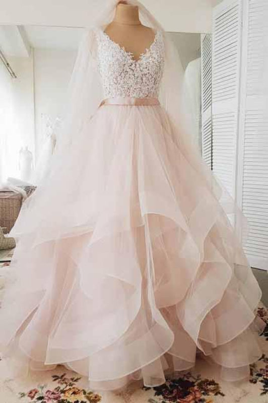 Light Pink V-neck Sleeveless Lace Top Tulle Wedding Dress Aline with Sweep Train