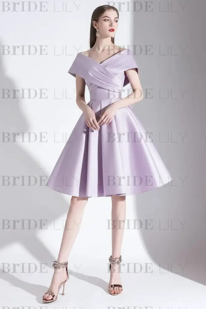Off-the-Shoulder Knee-Length Evening Dress A-Line V-Neck Pleated Satin Cocktail Dress Little Black Dress